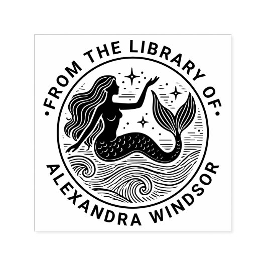 Zwoele Zeemeermin in Ocean Waves Library Boeknaam Zelfinktende Stempel (Design)